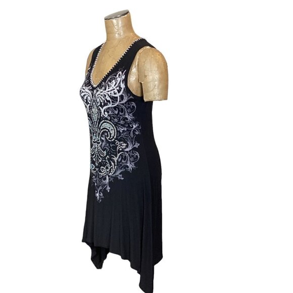 Vocal USA Sleeveless Graphic Beaded Dress Black Sharkbite Hem 262i - Picture 4 of 7